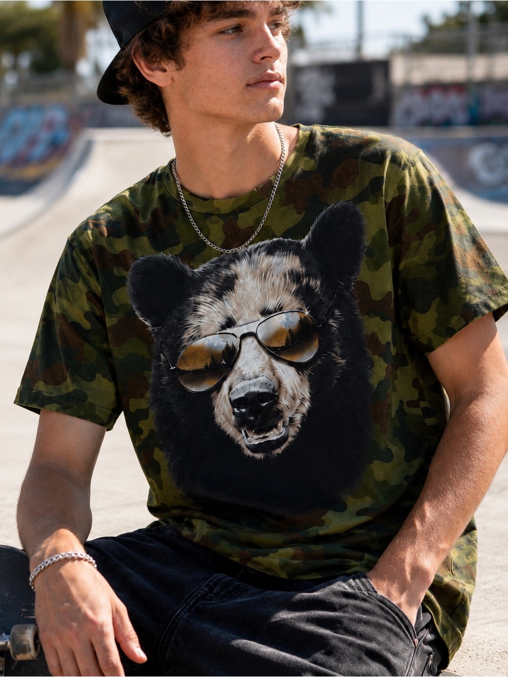 Fifth Sun Premium Apparel Mens Woodland Camo Bear Graphic Tee - SZ L NWOT